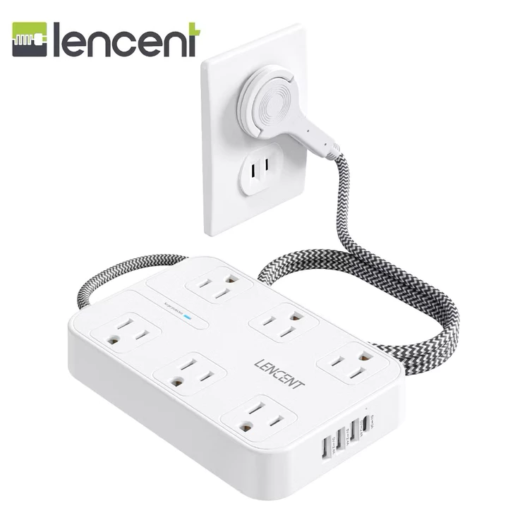 Ổ cắm Lencent dài 1,8m phích cắm phân cực phẳng mỏng, 6AC & 4USB (1 Type-C), Giá treo tường, Chống sét