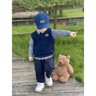 Set Gile Kẻ 3 Chi Tiết Bé Trai JOEYNA, phối quần kaki sành điệu trenddy - Chất liệu cao cấp mềm mại