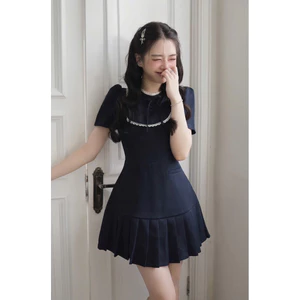 Đầm thiết kế nữ cộc tay phối viền ren đính nơ MIU.STUDIO, Váy ngắn xoè phối chân dập ly đính cúc bọc cao cấp