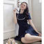 Đầm thiết kế nữ cộc tay phối viền ren đính nơ MIU.STUDIO, Váy ngắn xoè phối chân dập ly đính cúc bọc cao cấp