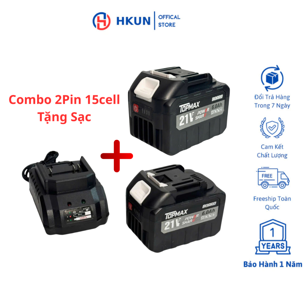 (Combo 2 Pin 15 Cell Tặng 1 Sạc) - Pin 15Cell TOPMAX Mạch 3mosfet Có Đèn Báo Dung Lượng Pin Chân Pin Phổ Thông m21-4cm