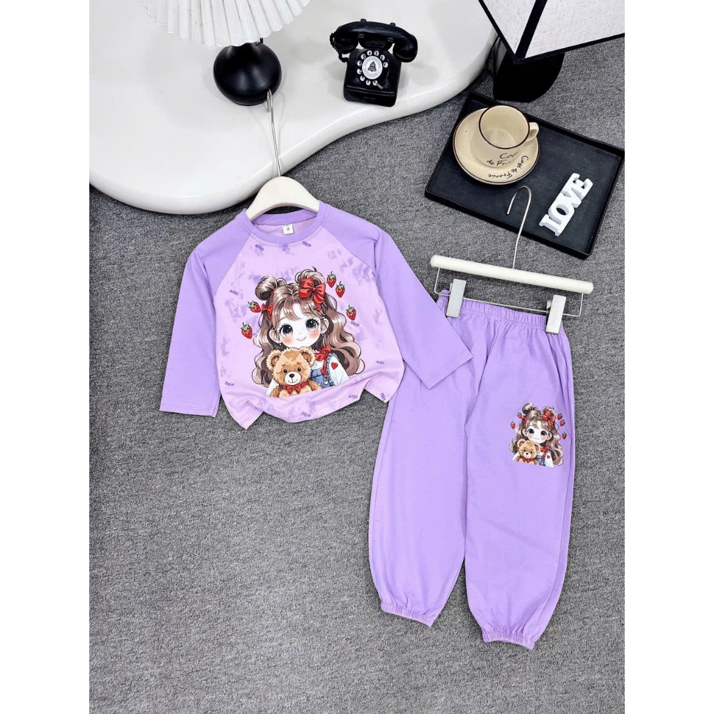 BỘ NỈ DA CÁ CÔ GÁI DÀI TAY GẤU CHO BÉ 6-18KG