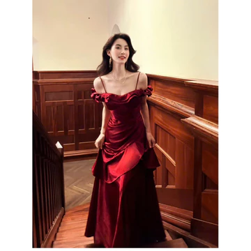 Đầm Dài Dự Tiệc Đỏ Đô Cổ ngang bệt vai bèo Body Xòe Tầng Cực Sang – Váy Đi Tiệc Cưới, Prom, Event