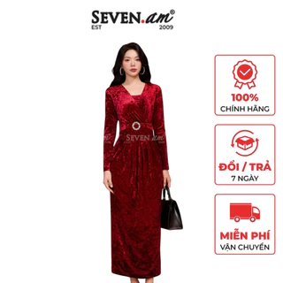 Đầm midi cổ V xếp chéo kèm đai lưng đá thời trang nữ Seven.AM H641018K