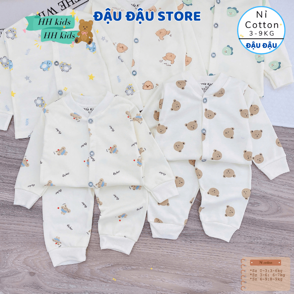 (Loại Đẹp) Set 3-5 Bộ Dài tay Nỉ Cotton Thu Đông Cúc Giữa Cổ Tàu mềm mịn  Cho Bé Sơ Sinh 3-9 kg ATT - NC08 Đậu Đậu Store