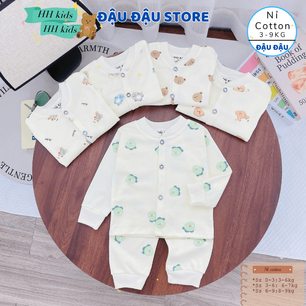 (Loại Đẹp) Set 3-5 Bộ Dài tay Nỉ Cotton Thu Đông Cúc Giữa Cổ Tàu mềm mịn  Cho Bé Sơ Sinh 3-9 kg ATT - NC08 Đậu Đậu Store