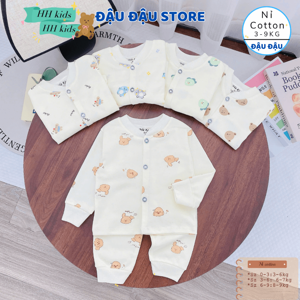 (Loại Đẹp) Set 3-5 Bộ Dài tay Nỉ Cotton Thu Đông Cúc Giữa Cổ Tàu mềm mịn  Cho Bé Sơ Sinh 3-9 kg ATT - NC08 Đậu Đậu Store