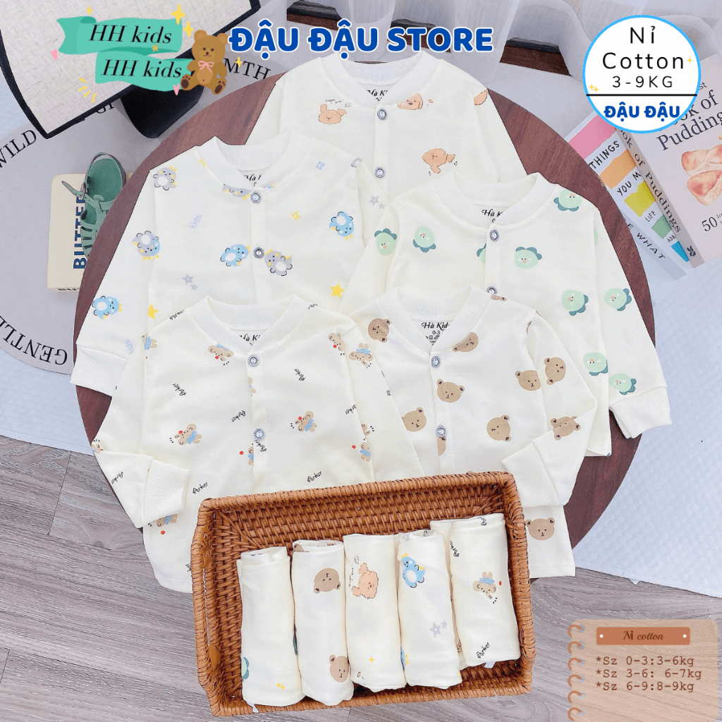 (Loại Đẹp) Set 3-5 Bộ Dài tay Nỉ Cotton Thu Đông Cúc Giữa Cổ Tàu mềm mịn  Cho Bé Sơ Sinh 3-9 kg ATT - NC08 Đậu Đậu Store