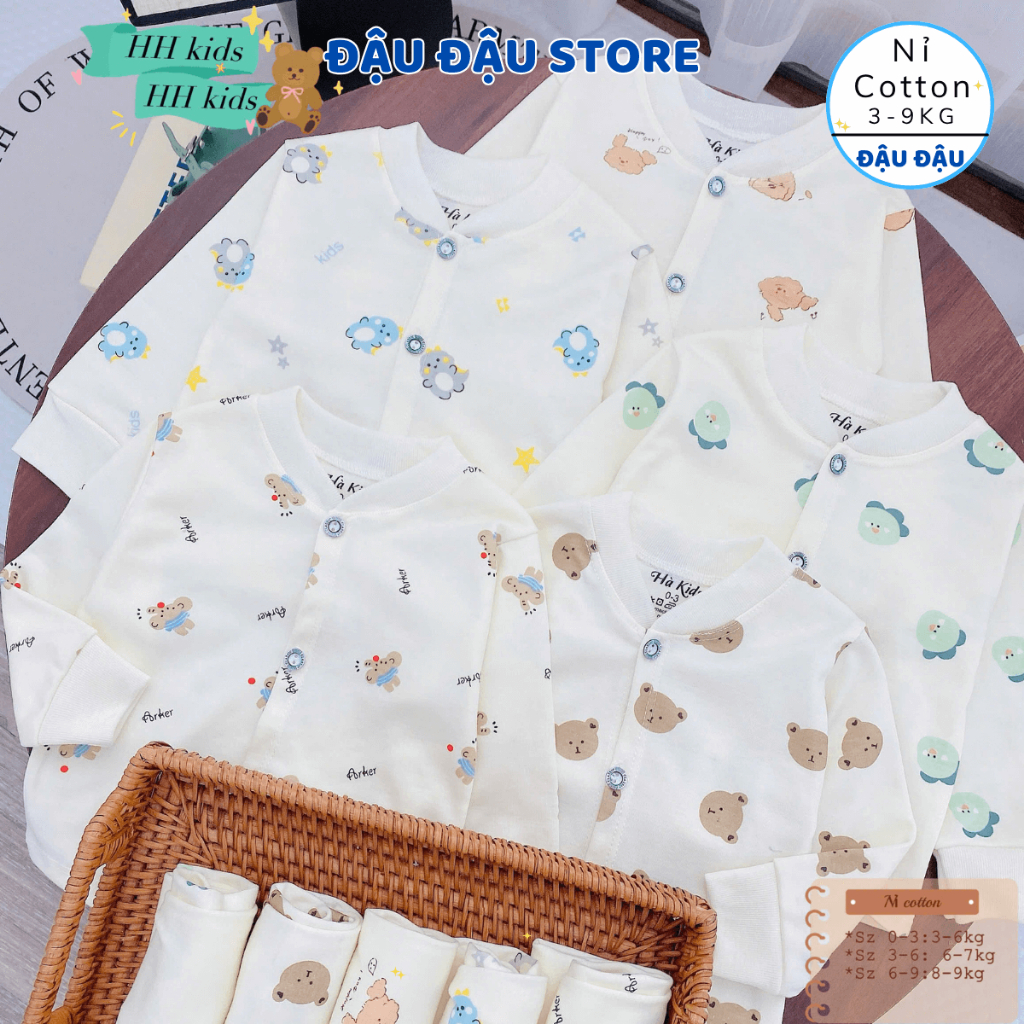 (Loại Đẹp) Set 3-5 Bộ Dài tay Nỉ Cotton Thu Đông Cúc Giữa Cổ Tàu mềm mịn  Cho Bé Sơ Sinh 3-9 kg ATT - NC08 Đậu Đậu Store