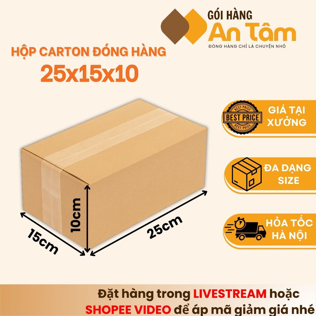 25x15x10 COMBO 10 Hộp thùng giấy carton dày bền, gói hàng gọn gàng, tiện lợi - Gói hàng An Tâm