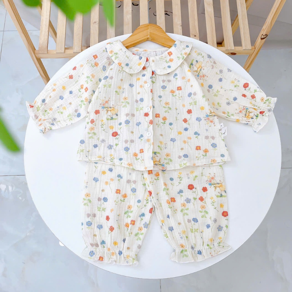 Bộ dài tay cho bé gái xô muslin A338, đồ ngủ cho bé babydoll hoa thỏ dễ thương, quần bo chun