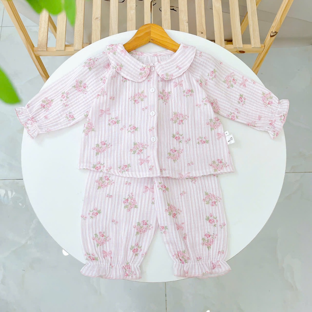 Bộ dài tay cho bé gái xô muslin A338, đồ ngủ cho bé babydoll hoa thỏ dễ thương, quần bo chun