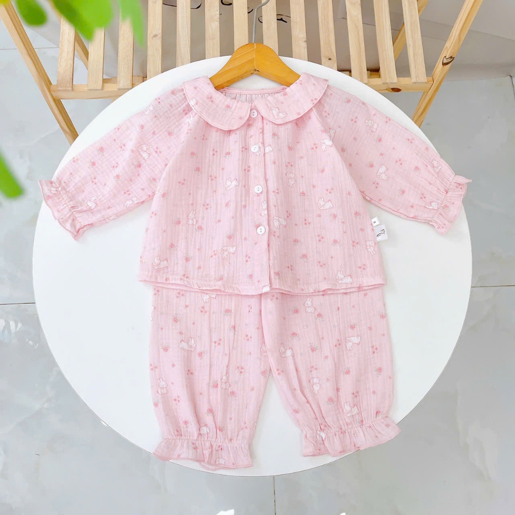 Bộ dài tay cho bé gái xô muslin A338, đồ ngủ cho bé babydoll hoa thỏ dễ thương, quần bo chun