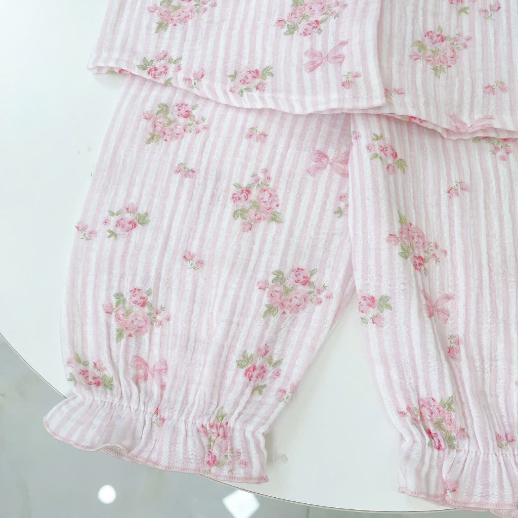 Bộ dài tay cho bé gái xô muslin A338, đồ ngủ cho bé babydoll hoa thỏ dễ thương, quần bo chun