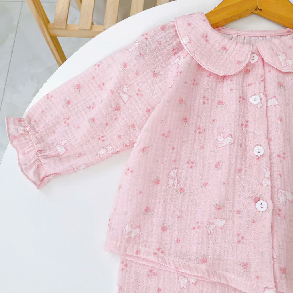 Bộ dài tay cho bé gái xô muslin A338, đồ ngủ cho bé babydoll hoa thỏ dễ thương, quần bo chun