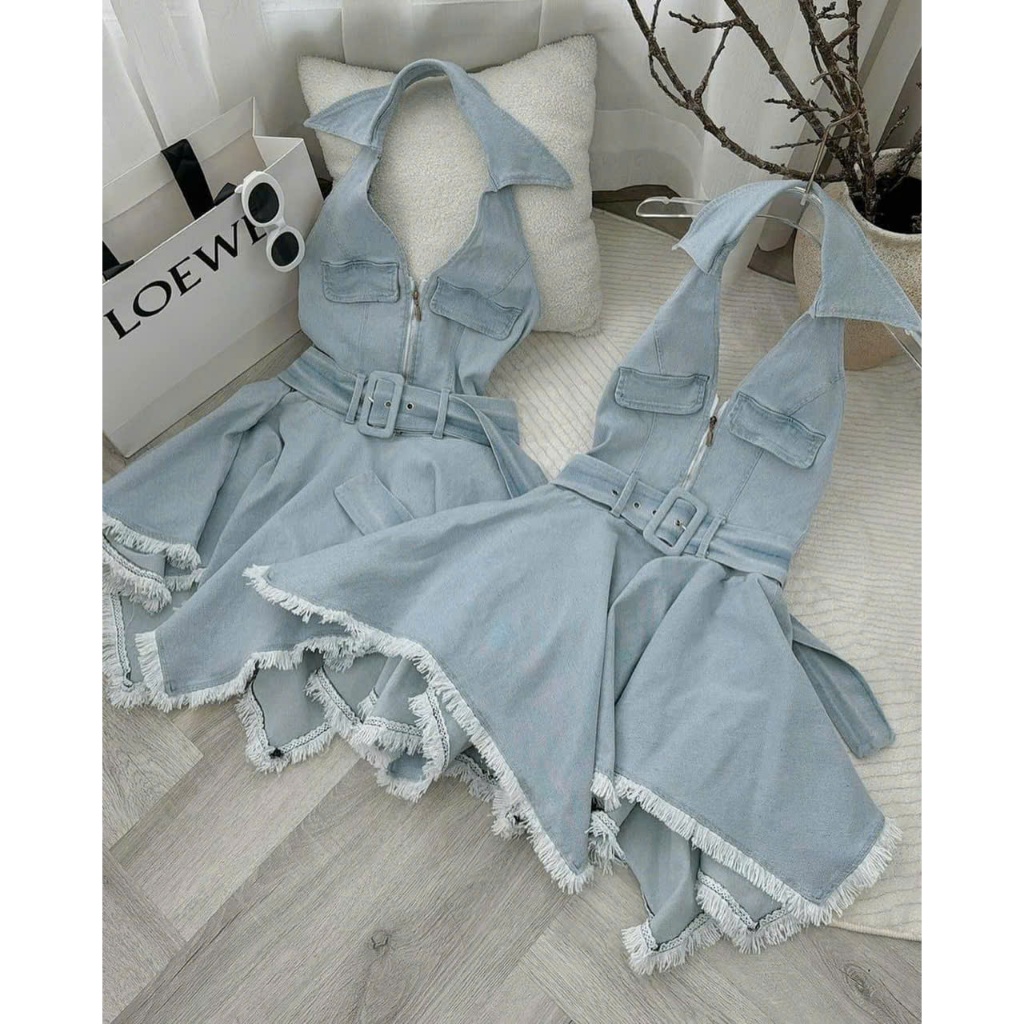 Váy jean bé gái kiểu yếm cổ vest xòe nhẹ thời trang hàn quốc kiểu dáng năng động sang xịn,cho bé gái và mẹ từ 13-56kg