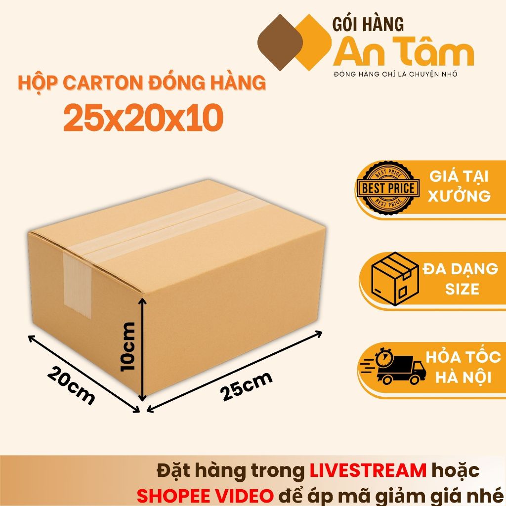 25x20x10 COMBO 10 Hộp thùng giấy carton chịu lực tốt, đóng gói hàng hóa chắc chắn - Gói hàng An Tâm