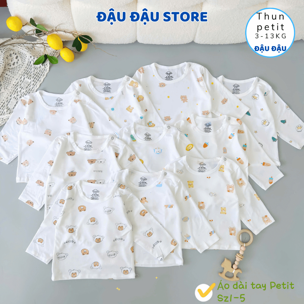 Set 3-5 Áo dài tay cài vai thun lạnh petit cho bé 3-13kg phối màu ATT mềm mịn mát in hoạ tiết  AL017 Đậu Đậu Store