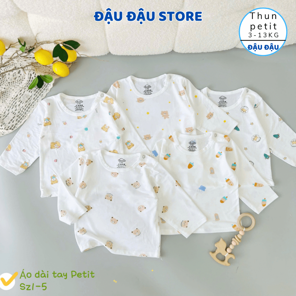 Set 3-5 Áo dài tay cài vai thun lạnh petit cho bé 3-13kg phối màu ATT mềm mịn mát in hoạ tiết  AL017 Đậu Đậu Store