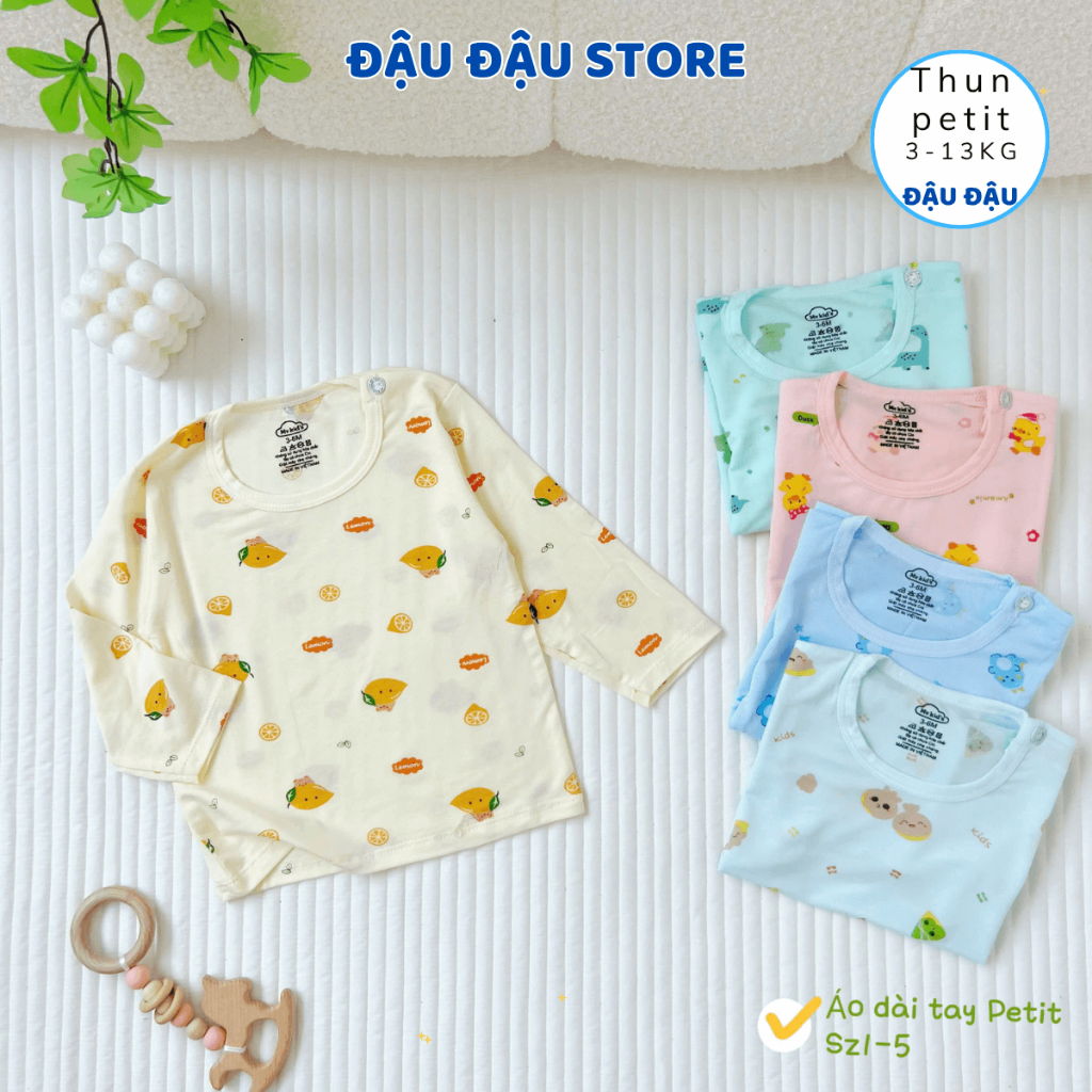Set 3-5 Áo dài tay cài vai thun lạnh petit cho bé 3-13kg phối màu ATT mềm mịn mát in hoạ tiết  AL017 Đậu Đậu Store