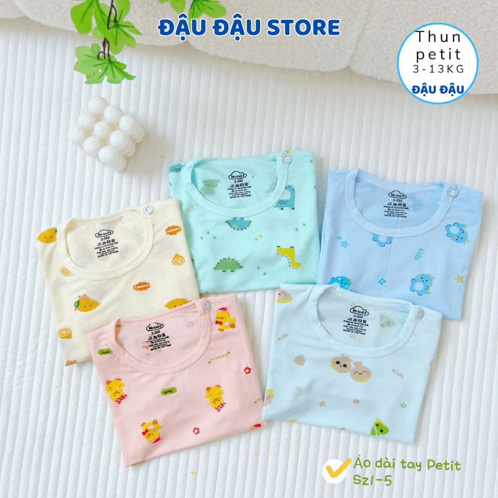 Set 3-5 Áo dài tay cài vai thun lạnh petit cho bé 3-13kg phối màu ATT mềm mịn mát in hoạ tiết  AL017 Đậu Đậu Store