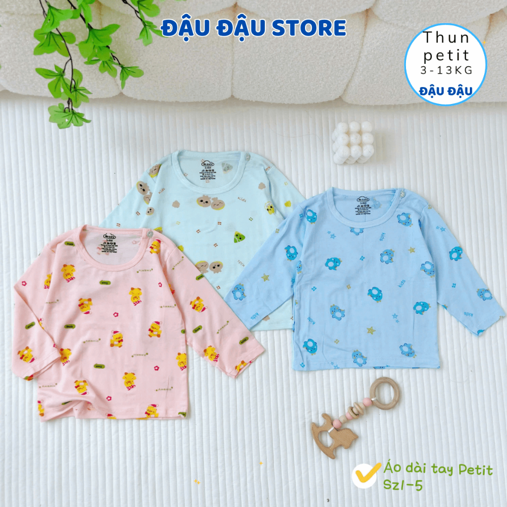 Set 3-5 Áo dài tay cài vai thun lạnh petit cho bé 3-13kg phối màu ATT mềm mịn mát in hoạ tiết  AL017 Đậu Đậu Store