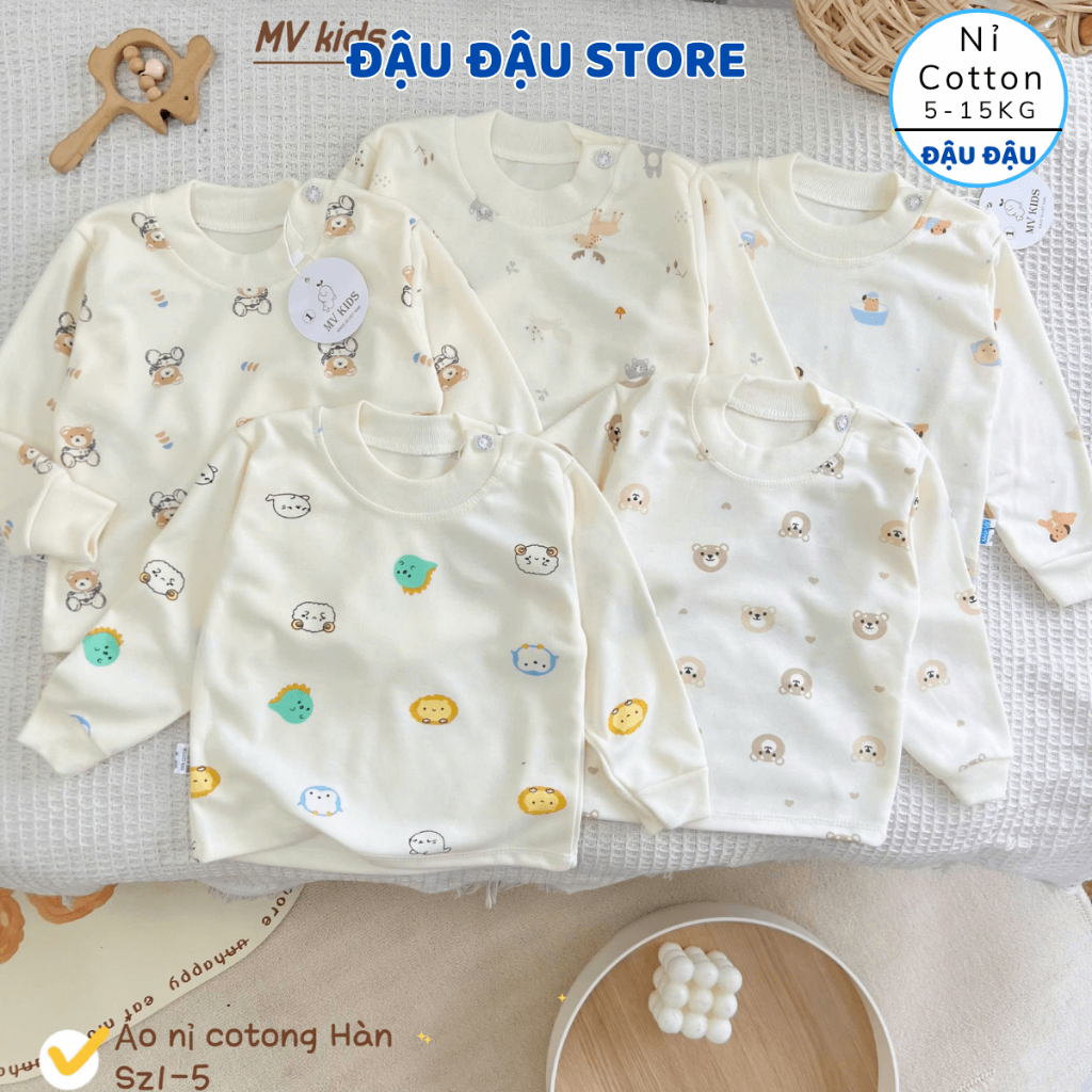 (Áo Cài Vai) Set 3/5 Áo Dài Tay Cài Vai Thu Đông Nỉ Cotton Nền Kem Hàn Quốc cho bé 5-15kg AC01 Đậu Đậu Store