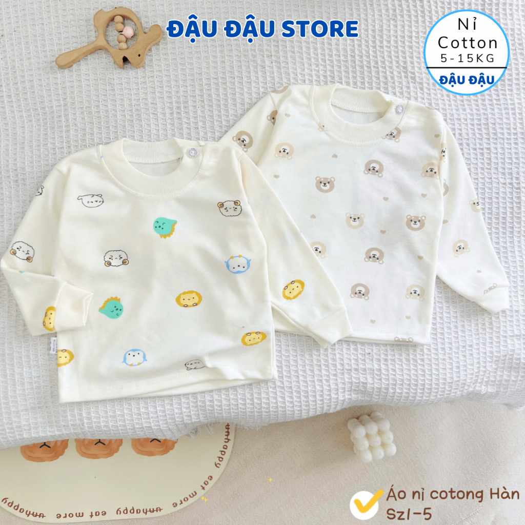 (Áo Cài Vai) Set 3/5 Áo Dài Tay Cài Vai Thu Đông Nỉ Cotton Nền Kem Hàn Quốc cho bé 5-15kg AC01 Đậu Đậu Store