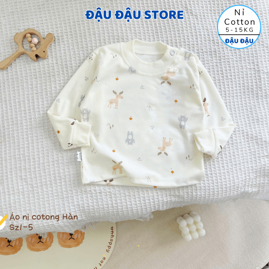 (Áo Cài Vai) Set 3/5 Áo Dài Tay Cài Vai Thu Đông Nỉ Cotton Nền Kem Hàn Quốc cho bé 5-15kg AC01 Đậu Đậu Store