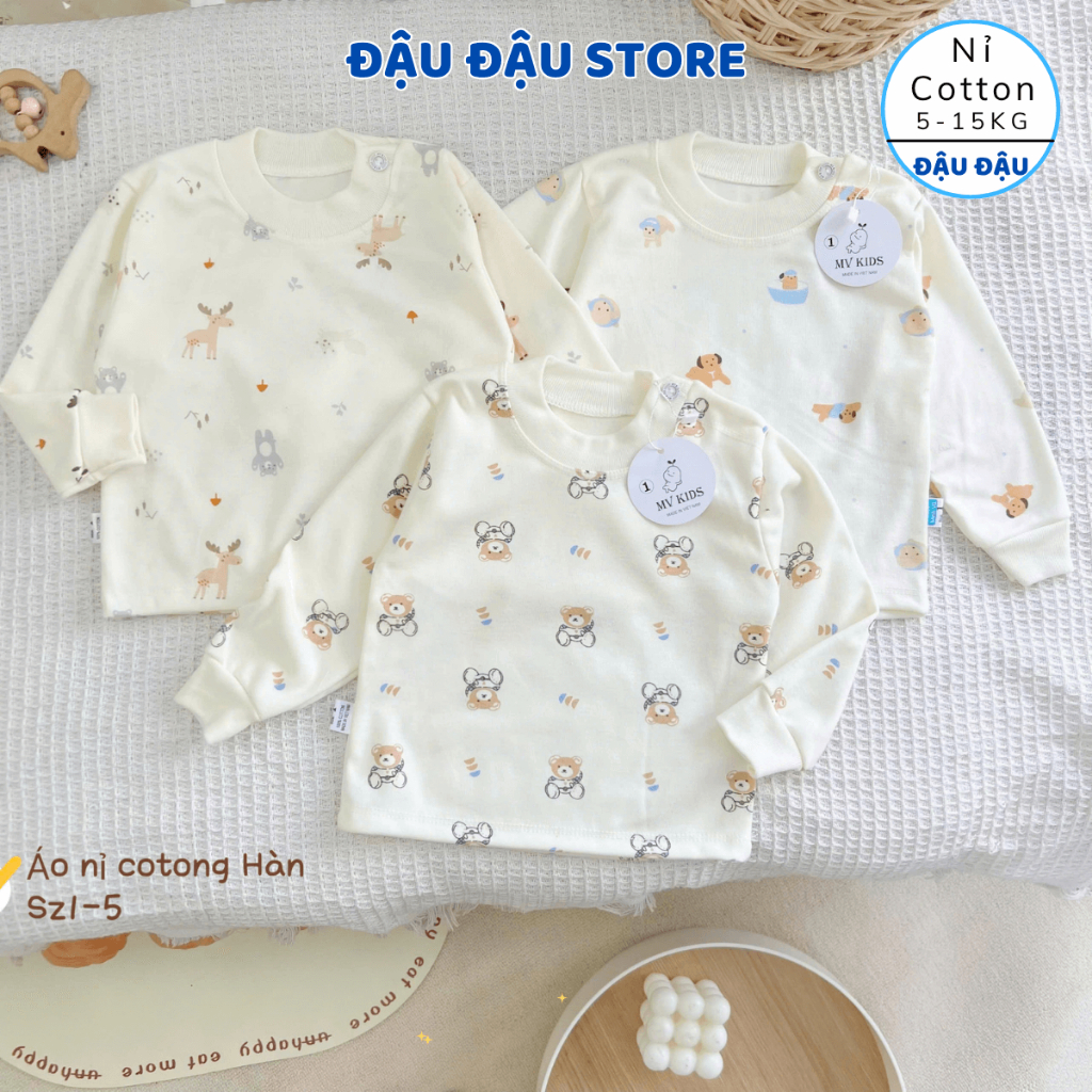 (Áo Cài Vai) Set 3/5 Áo Dài Tay Cài Vai Thu Đông Nỉ Cotton Nền Kem Hàn Quốc cho bé 5-15kg AC01 Đậu Đậu Store