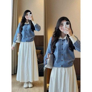 Áo Len Kẻ Sọc Cổ Bẻ Cài Cúc Hàng QC 2 màu siêu xinh style Ulzzang