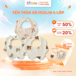 Yếm Cổ Tròn Muslin IQKAO Vải Xô 100% Cotton, Thấm Hút Tốt, Thoáng Mát, Có Nút Điều Chỉnh Tiện Lợi Cho Bé