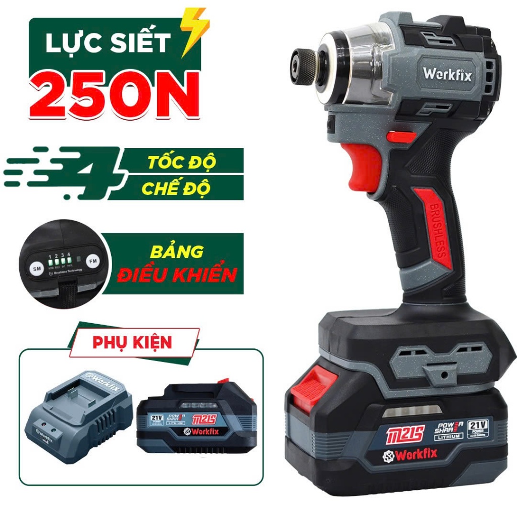 Máy chuyên vít pin Workfix WF-SD250MAX, 250N, Điều tốc 4 cấp độ, 4 tính năng, Motor không chổi than, có autostop