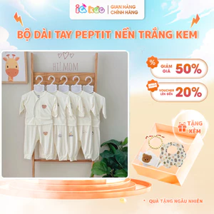 Bộ dài tay Peptit nền kem trắng cúc lệch phong cách Hàn Quốc cho bé size 3-9kg IQKAO