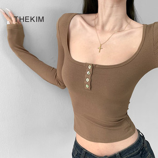 THEKIM Áo thun dài tay cổ U cúc ngực , áo thun croptop nữ tăm lạnh T312