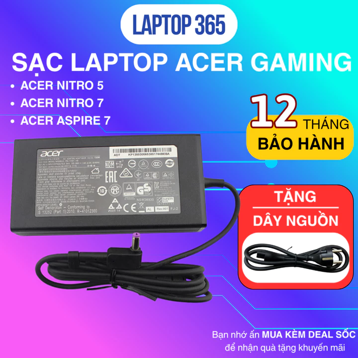 [Tặng Dây Nguồn 3 Lõi] cho Sạc Laptop Acer 7.1A 135W - 9.23A 180W Sạc Acer Nitro 5, Sạc Acer Nitro 7, Sạc Acer Aspire 7