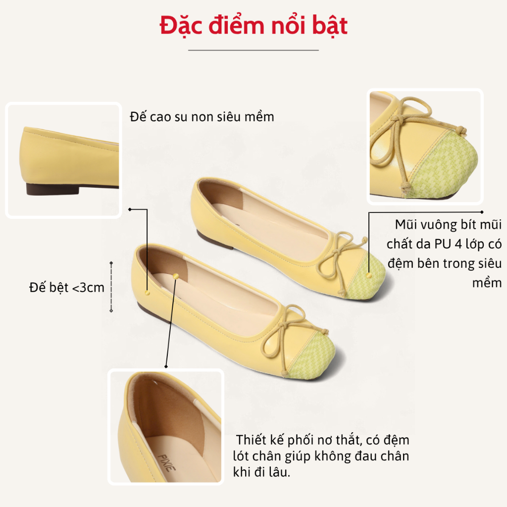 Giày Búp Bê Bệt Mũi Vuông Phối Nơ Nhỏ Pixie H396