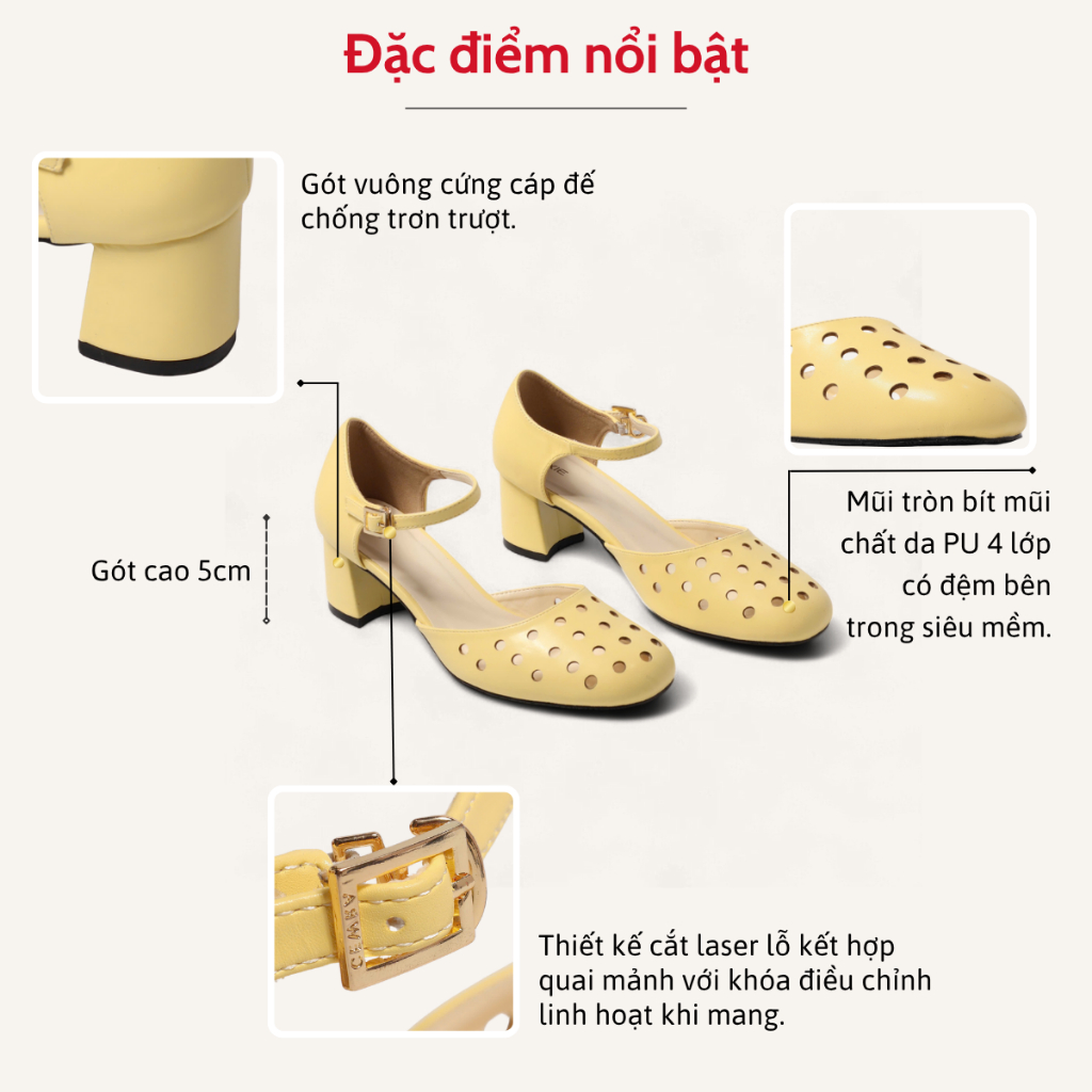 Giày Sandal Gót 5 Phân Gót Vuông Thiết Kế Cắt Laser Tròn Mềm Mại Pixie H392
