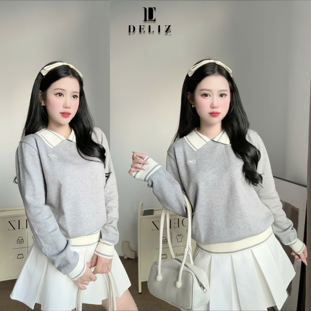 Áo len lông thỏ nữ dài tay cổ bẻ phối màu thêu nơ basic thiết kế thu đông cao cấp DELIZ AL63