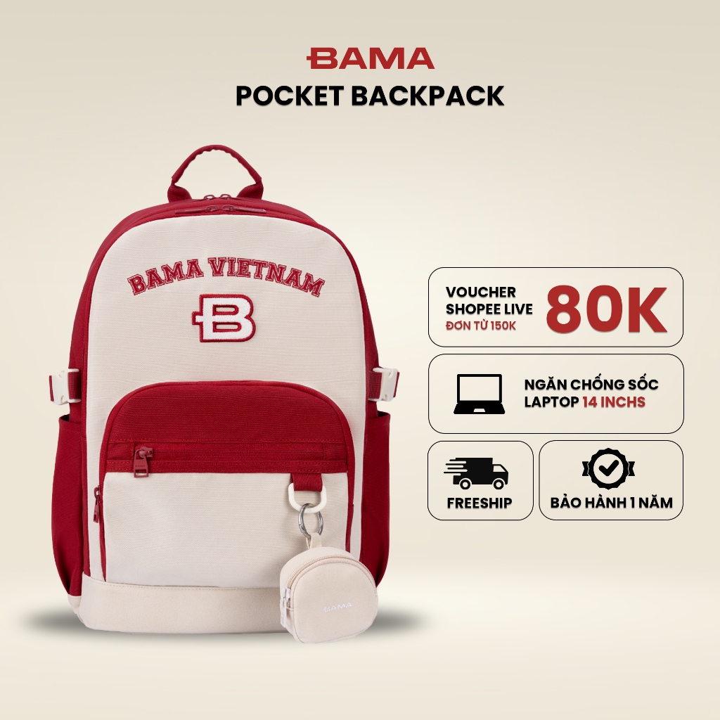 Balo nam nữ đi học đi làm BAMA Pocket Backpack chống nước nhiều ngăn đựng laptop 13 14 inch