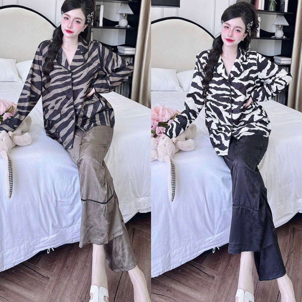 Lụa thêu - Bộ pijama nữ vằn SANG, lụa thêu buomm mát quần có túi Women phom QC dài