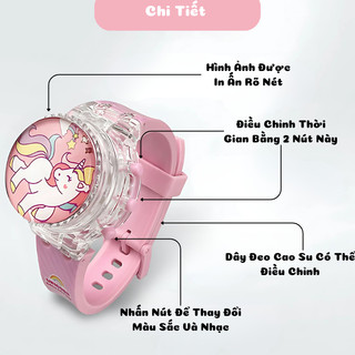 Đồng Hồ Đeo Tay Kuromi,Kitty,Cún Trắng,Siêu Anh Hùng,Công Chúa Phát Nhạc, Phát Sáng, Mặt Đồng Hồ Quay Tròn 360 Độ Cho Bé