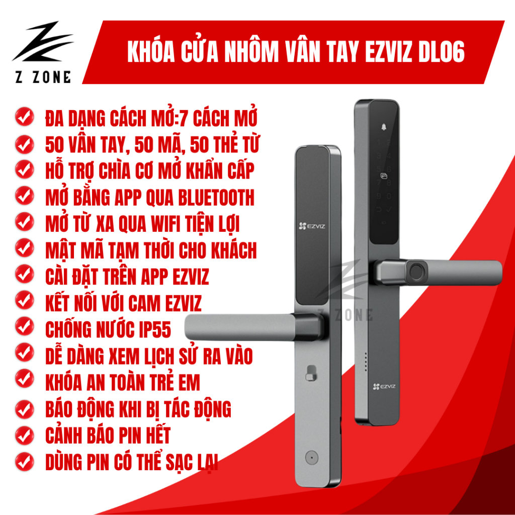Khóa Cửa Nhôm Vân Tay Thông Minh EZVIZ DL06 – Mở Khóa Từ Xa Qua App, Vân Tay, Thẻ Từ, Mật Khẩu
