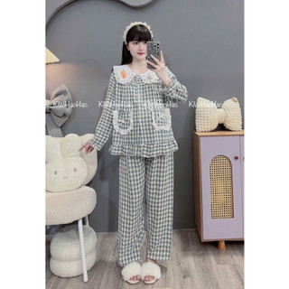 Bộ bầu-bộ sau sinh - BỘ DÀI ĐŨI KẺ TO CỔ SEN THỎ CÀ RỐT - 5 Màu, Áo Có Khoá Kéo & Quần Có Chun Chỉnh