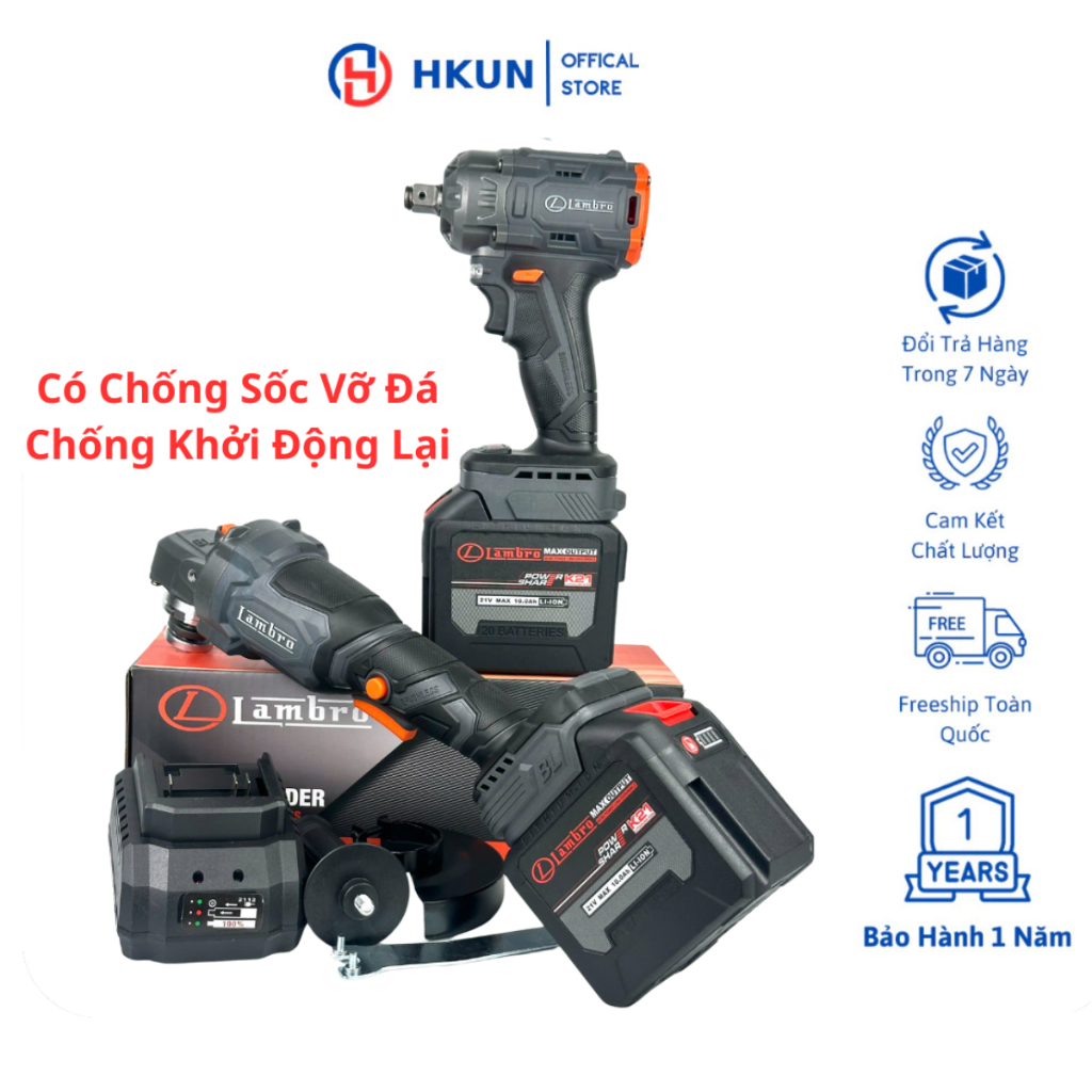 Combo Máy Siết Bulong LAMBRO LB360 Và Thân Mài LB5700 Kèm 2 Pin 20cell LAMBRO Tặng Sạc Chân Phổ Thông 4cm