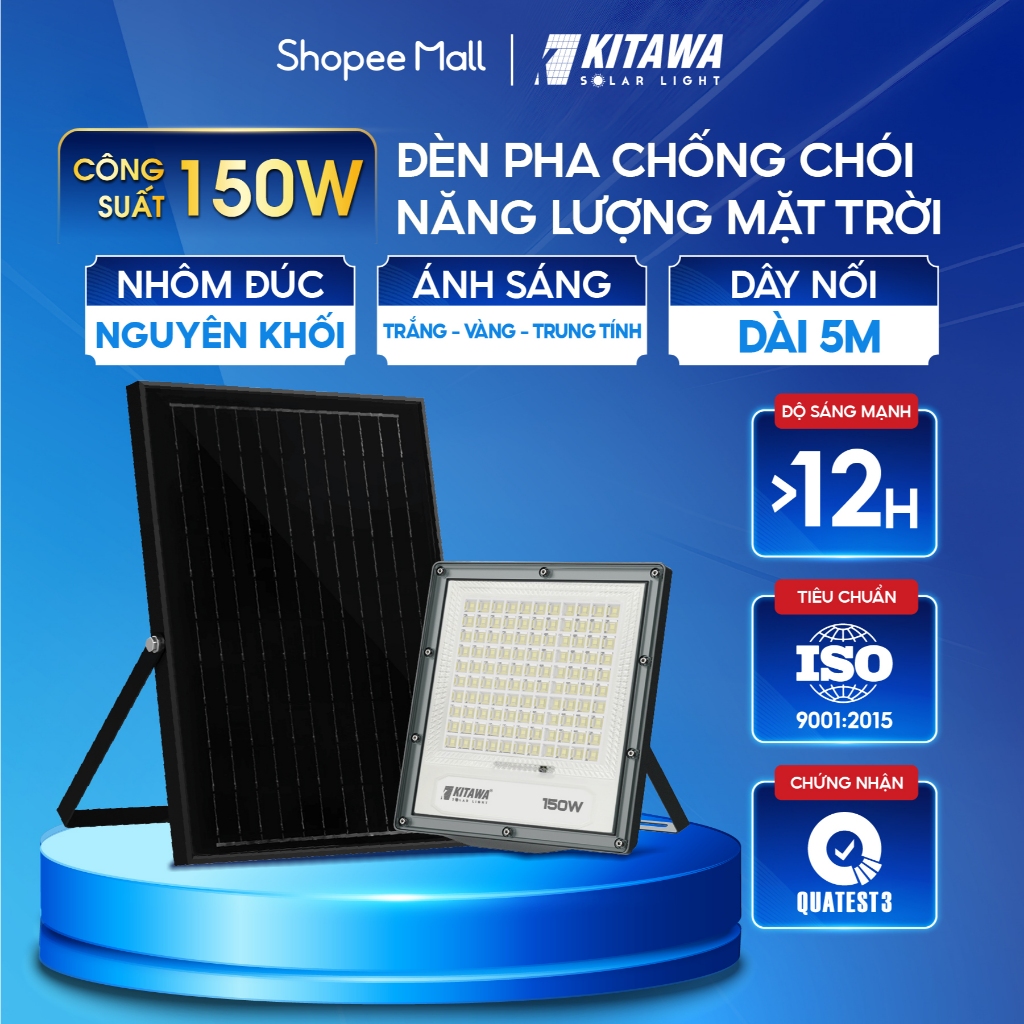 Đèn Pha Chống Chói Năng Lượng Mặt Trời 150W Vỏ Nhôm Đúc Nguyên Khối Chắc Chắn, Sáng Liên Tục 12h