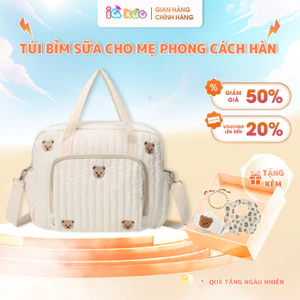 Túi bỉm sữa cho mẹ và bé vải Muslin cao cấp - Thêu tay Hàn Quốc hình gấu xinh xắn IQ KAO