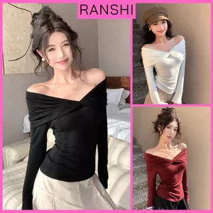 Áo Trễ Vai Dài Tay Ôm Dáng RANSHI Tiều Thư Mặc Đi Chơi Đi Cà Phê Chất Cotton Mềm Mát - RA343