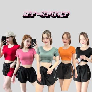 Bộ croptop quần đùi 2 lớp phối lưới thể thao năng động tập gym, erobic, chạy bộ
