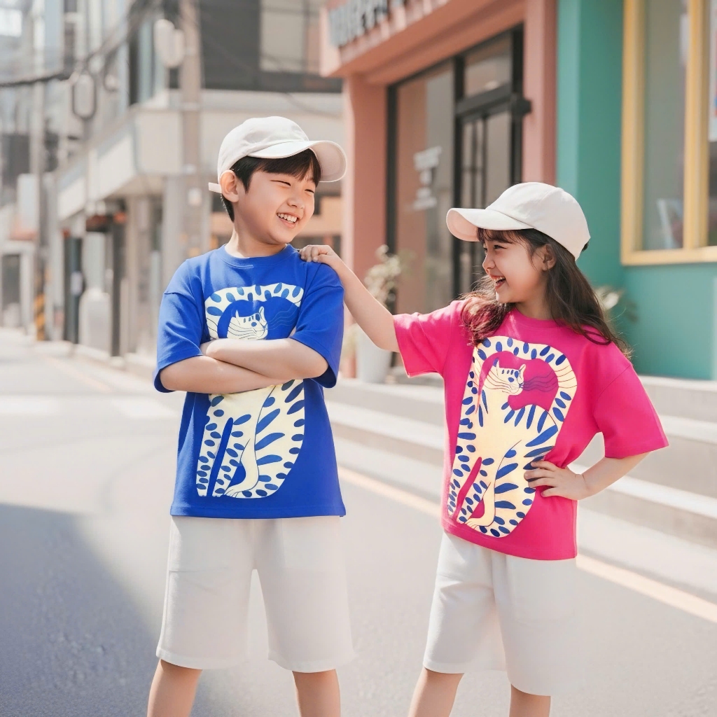 Áo Thun Trẻ Em Mirage Họa Tiết Mèo Đốm Xanh 3D Hoạt Hình Dễ Thương Chất 100% Cotton Cao Cấp.